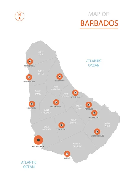 Στυλιζαρισμένη Διάνυσμα Μπαρμπάντος Χάρτη Δείχνει Μεγάλες Πόλεις Πρωτεύουσα Μπρίτζταουν Διοικητική — Διανυσματικό Αρχείο