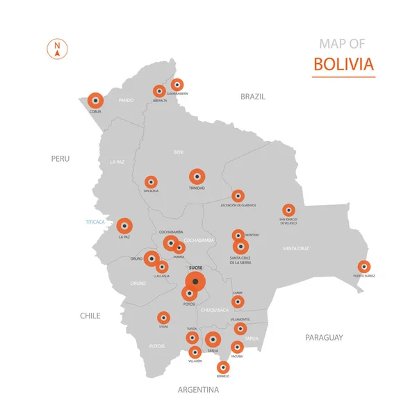 Stylizowane Wektor Boliwia Mapy Wyświetlone Duże Miasta Stolicy Sucre Podział — Wektor stockowy