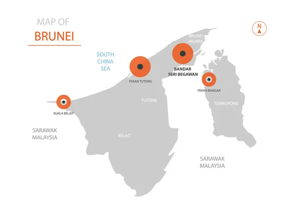 Vetor Estilizado Brunei Mapa Mostrando Grandes Cidades Capital Bandar Seri —  Vetores de Stock