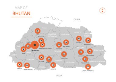 Büyük şehirler, sermaye Thimphu, yönetim birimleri ve ülke sınırları gösteren stilize vektör Bhutan Haritası