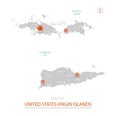 Stilize vektör Amerika Birleşik Devletleri Virgin Adaları Harita gösterilen büyük şehirler, sermaye Charlotte Amalie, üst düzey idari birimleri.