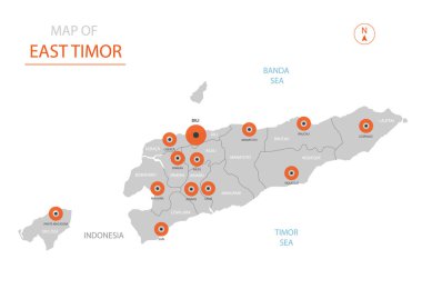 Büyük şehirler, sermaye Dili, yönetim birimleri ve Endonezya ile ülke sınırları gösteren stilize vektör Doğu Timor Haritası.