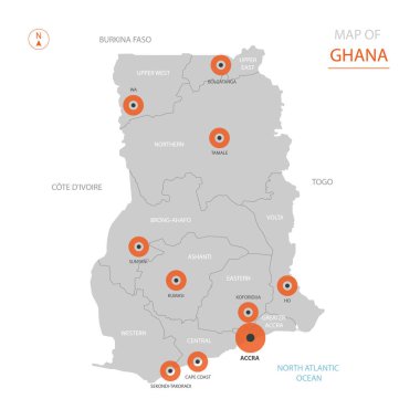 Büyük şehirlerde, sermaye Accra, yönetim birimleri ve ülke sınırları gösteren stilize vektör Gana harita