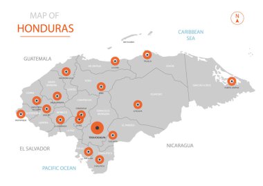 Büyük şehirler, sermaye Tegucigalpa, yönetim birimleri ve ülke sınırları gösteren stilize vektör Honduras Haritası