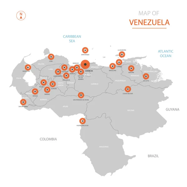 Carte Vectorielle Stylisée Venezuela Montrant Les Grandes Villes Capitale Caracas — Image vectorielle