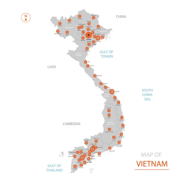 Vector Estilizado Vietnam Mapa Mostrando Grandes Ciudades Capital Hanoi Divisiones — Vector de stock