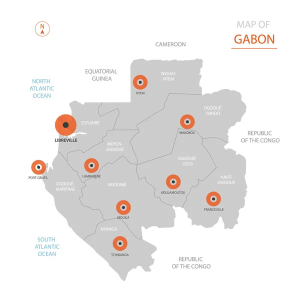 Vector Estilizado Gabón Mapa Mostrando Grandes Ciudades Capital Libreville Divisiones — Vector de stock
