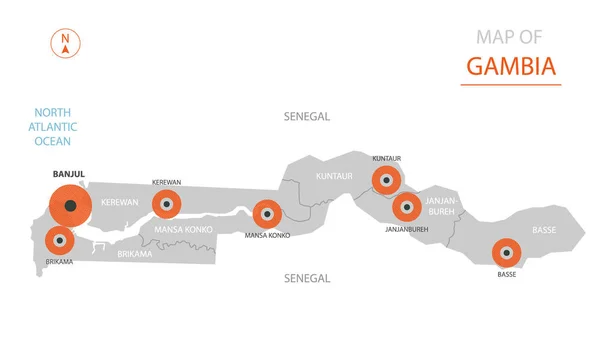 Vetor Estilizado Gâmbia Mapa Mostrando Grandes Cidades Capital Banjul Divisões —  Vetores de Stock