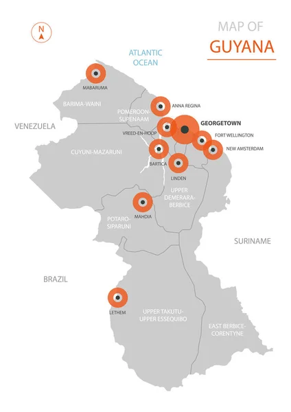 Mapa Estilizado Guiana Vetorial Mostrando Grandes Cidades Capital Georgetown Divisões —  Vetores de Stock