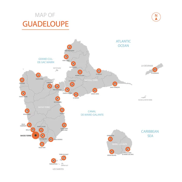 Carte Vectorielle Stylisée Guadeloupe Montrant Les Grandes Villes Capitale Les — Image vectorielle