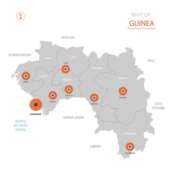 Mappa Stilizzata Della Guinea Vettoriale Che Mostra Grandi Città Capitale — Vettoriale Stock