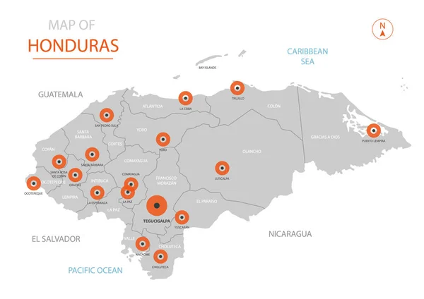 Stylized Vector Honduras Map Showing Big Cities Capital Tegucigalpa Administrative — Stock Vector