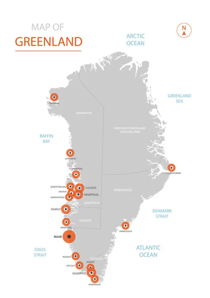 様式化されたベクトル グリーンランド マップ表示大都市 首都ヌーク 行政区划 — ストックベクタ