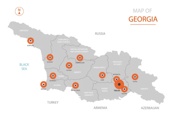 ジョージア様式化されたベクトル地図の大都市 首都トビリシ 都道府県 国の国境を示す — ストックベクタ