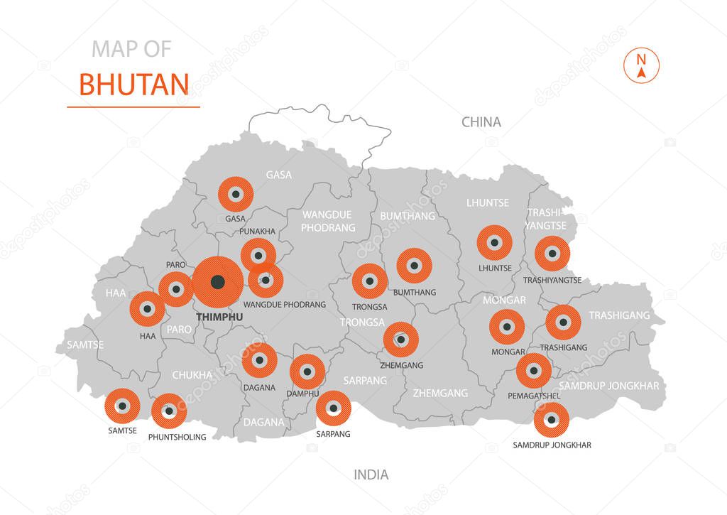 Stylized vector Bhutan map showing big cities, capital Thimphu, administrative divisions and country borders