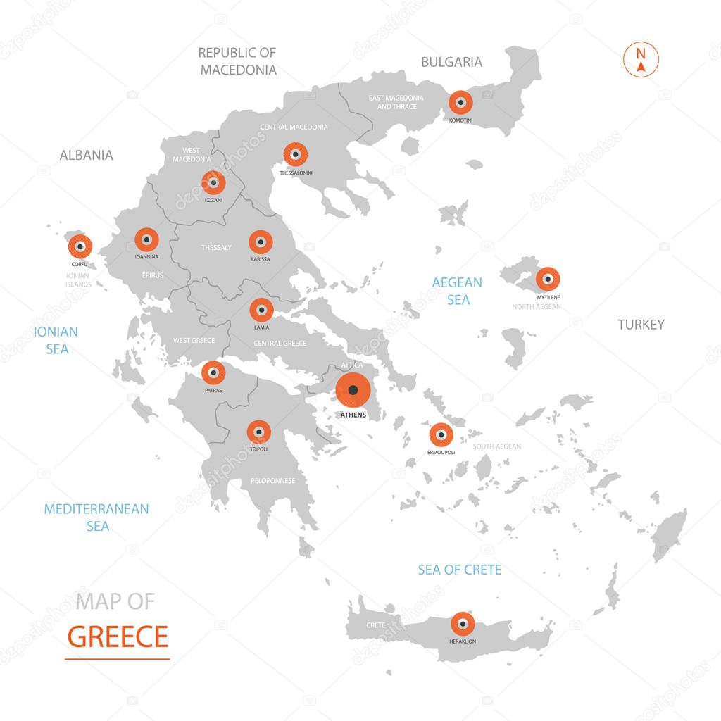 Stylized vector Greece map showing big cities, capital Athens, administrative divisions and country borders