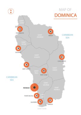 Büyük şehirler, sermaye Roseau, yönetim birimleri ve ülke sınırları gösteren stilize vektör Dominika Haritası.