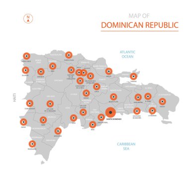 Büyük şehirler, sermaye Santo Domingo, yönetim birimleri ve ülke sınırları gösteren stilize vektör Dominik Cumhuriyeti Haritası