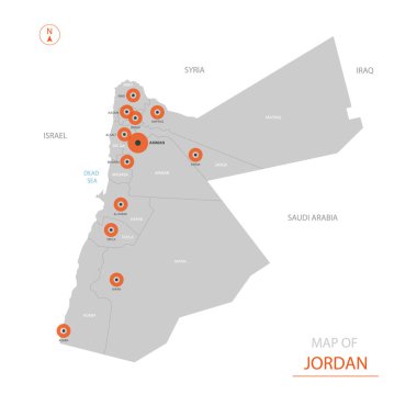 Stilize vektör Jordan harita gösteren büyük şehirler, başkenti Amman, üst düzey idari birimleri.