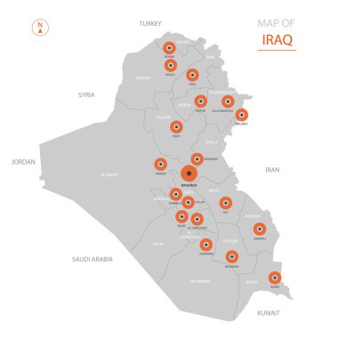 Büyük şehirlerde, Başkent Bağdat, yönetim birimleri ve ülke sınırları gösteren stilize vektör Irak harita