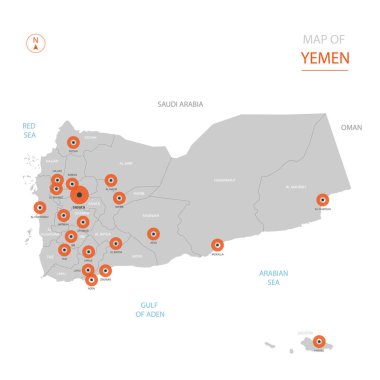 Stilize vektör Yemen harita gösteren büyük şehirler, sermaye Sanaa, üst düzey idari birimleri.