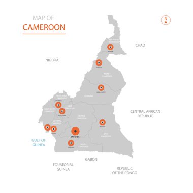 Stilize vektör Kamerun harita gösterilen büyük şehirler, sermaye, üst düzey idari birimleri.