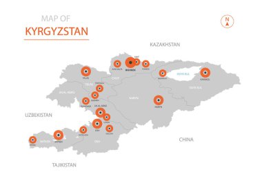 Stilize vektör Kırgızistan haritası gösteren büyük şehirler, başkenti Bişkek, üst düzey idari birimleri.