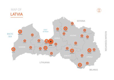 Stilize vektör Letonya haritası gösteren büyük şehirler, başkenti Riga, üst düzey idari birimleri.