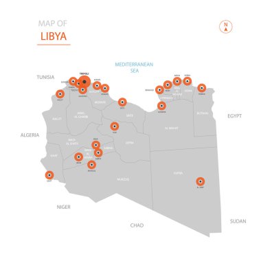 Stilize vektör Libya harita gösteren büyük şehirler, başkenti Tripoli, üst düzey idari birimleri.
