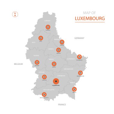 Stilize vektör Lüksemburg harita gösteren büyük şehirler, sermaye Lüksemburg, üst düzey idari birimleri.