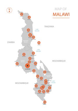 Stilize vektör Malavi Haritası gösteren büyük şehirler, sermaye Lilongwe, üst düzey idari birimleri.