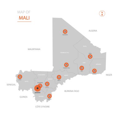 Stilize vektör Mali harita gösteren büyük şehirler, başkenti Bamako, üst düzey idari birimleri.