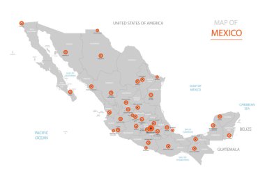 Stilize vektör Meksika harita gösterilen büyük şehirler, başkent Mexico City, üst düzey idari birimleri.