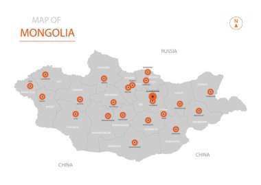 Stilize vektör Moğolistan haritası gösteren büyük şehirler, sermaye Ulaanbaatar, üst düzey idari birimleri.