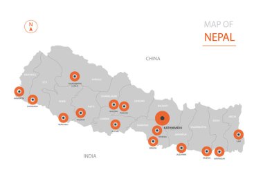 Stilize vektör Nepal harita gösteren büyük şehirler, sermaye Katmandu, üst düzey idari birimleri.