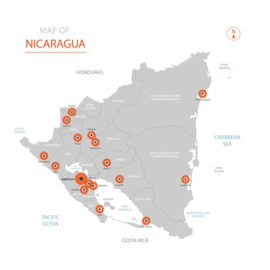 Stilize vektör Nikaragua Haritası gösteren büyük şehirler, sermaye Managua, üst düzey idari birimleri.