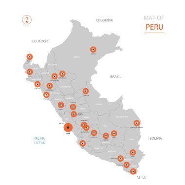 Büyük şehirler, başkenti Lima, yönetim birimleri ve ülke sınırları gösteren stilize vektör Peru Haritası