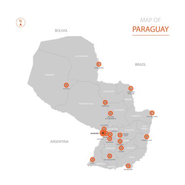 Stilize vektör Paraguay harita gösterilen büyük şehirler, sermaye, üst düzey idari birimleri.