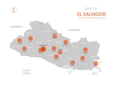 Stilize vektör El Salvador harita gösterilen büyük şehirler, sermaye San Salvador, üst düzey idari birimleri.