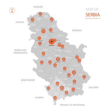 Stilize vektör Sırbistan harita gösteren büyük şehirler, başkenti Belgrad, üst düzey idari birimleri.