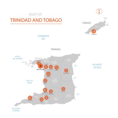 Stilize vektör Trinidad ve Tobago harita gösterilen büyük şehirler, başkenti Port of Spain, üst düzey idari birimleri.