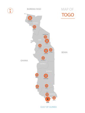 Stilize vektör Togo harita gösterilen büyük şehirler, sermaye, üst düzey idari birimleri.