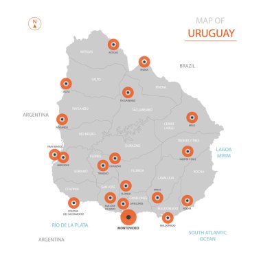 Stilize vektör Uruguay harita gösteren büyük şehirler, başkenti Montevideo, üst düzey idari birimleri.