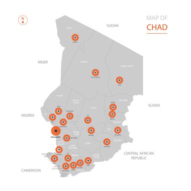 Stilize vektör Chad harita gösteren büyük şehirler, başkenti N'Djamena, üst düzey idari birimleri.
