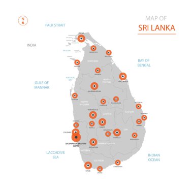 Stilize vektör Sri Lanka harita gösterilen büyük şehirler, sermaye Sri Jayawardenepura Kotte, üst düzey idari birimleri.