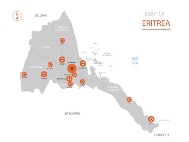 Stilize vektör Eritre harita gösteren büyük şehirler, başkent Asmara, üst düzey idari birimleri.