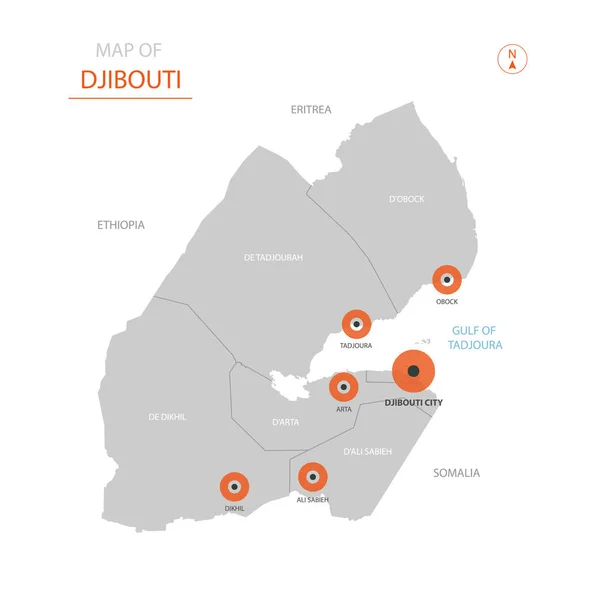 Vetor Estilizado Mapa Djibuti Mostrando Grandes Cidades Capital Djibuti Divisões —  Vetores de Stock