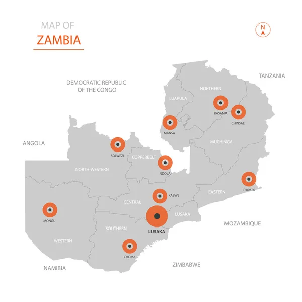 Vector Estilizado Zambia Mapa Mostrando Grandes Ciudades Capital Lusaka Divisiones — Vector de stock