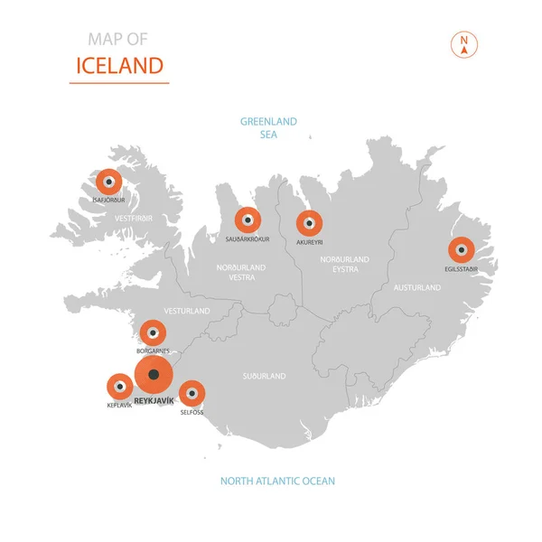 Vetor Estilizado Islândia Mapa Mostrando Grandes Cidades Capital Reykjavik Divisões — Vetor de Stock