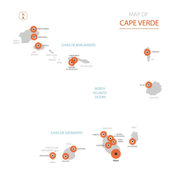 Vetor Estilizado Cabo Verde Mapa Mostrando Grandes Cidades Capital Praia —  Vetores de Stock